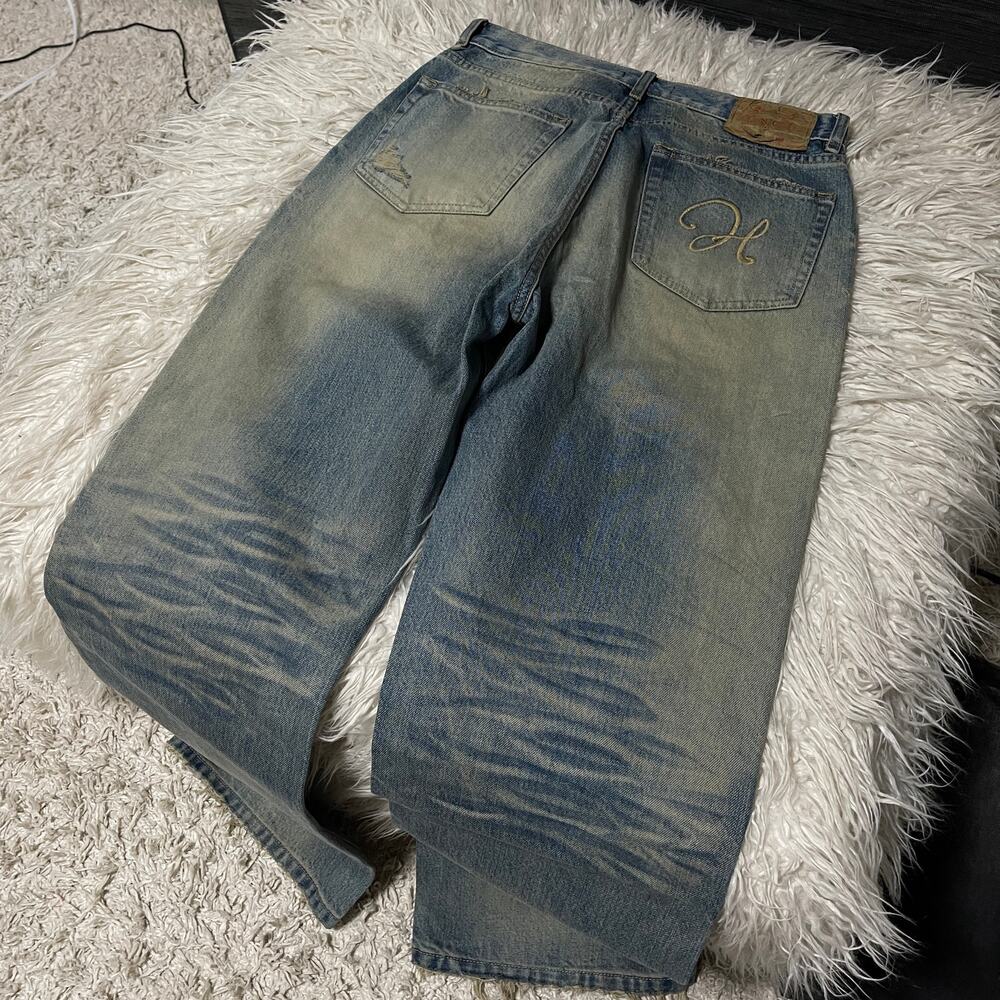 Vintage Faded Wash Distressed Ripped Wide-leg Baggy Denim Jeans Pants Blue sz 31 - Picture 9 of 16